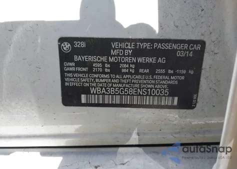 2014 BMW 328I xDrive из США, поврежденный, VIN WBA3B5G58ENS10035